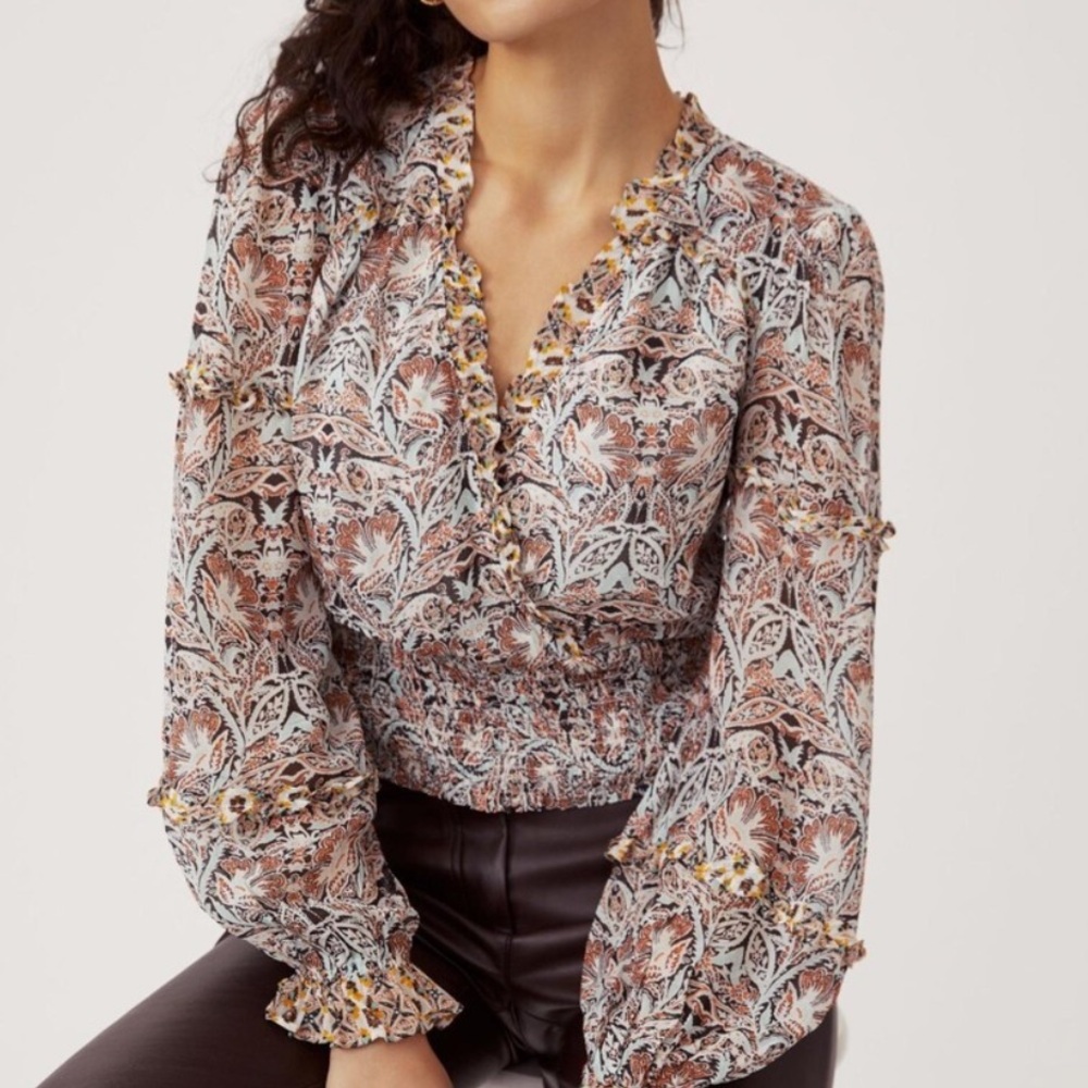 15. Anthropologie Brown Blue Fitted Crop Long Sleeve Blouse